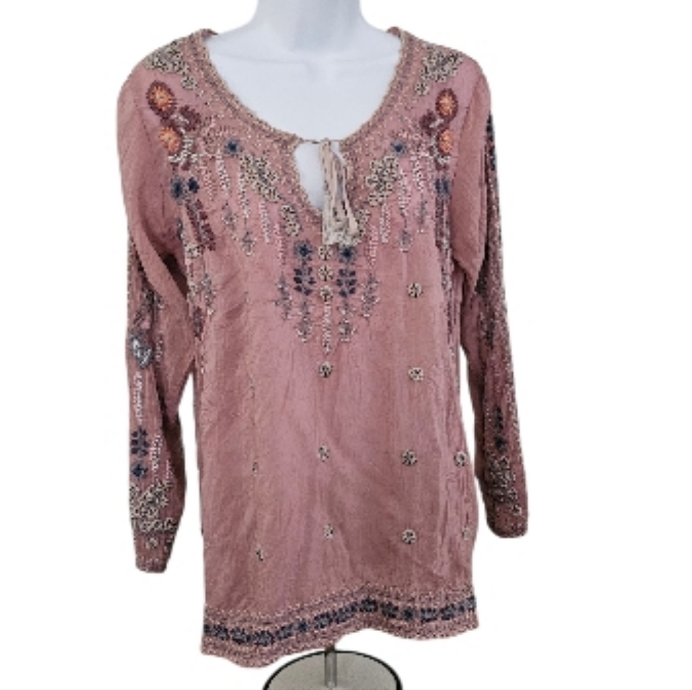 Small Johnny Was Embroidered Santorini Long Sleeve Pink Purple Blue Blouse Rayon
